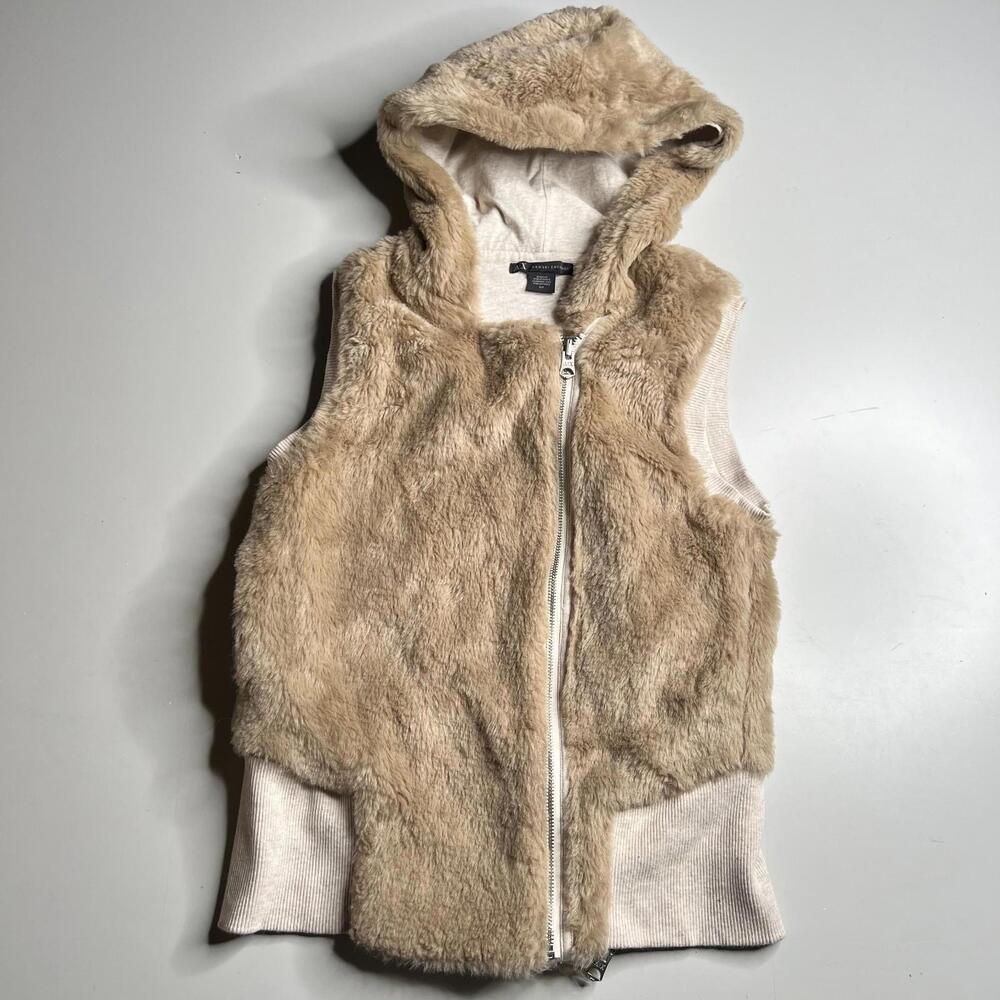 Armani Exchange A|X Faux Fur Hooded Vest Womens Size S‎ Beige Zip Front